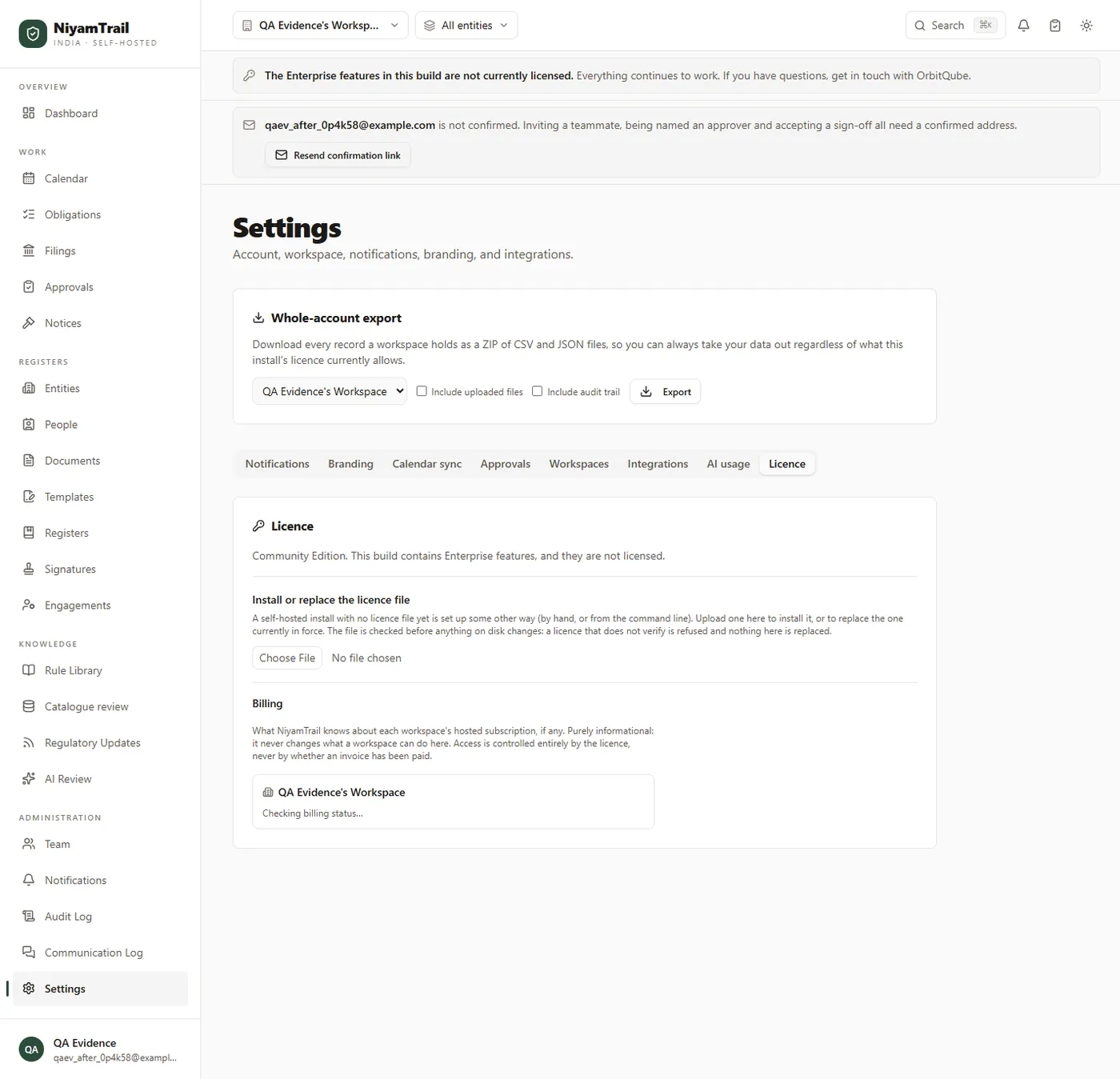The Settings screen Licence tab, showing a whole-account export control that downloads every record as CSV and JSON regardless of licence state.