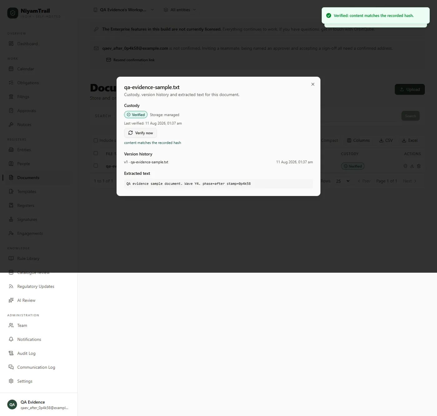 A confirmation message reading Verified, content matches the recorded hash, shown after running Verify now on a stored document.