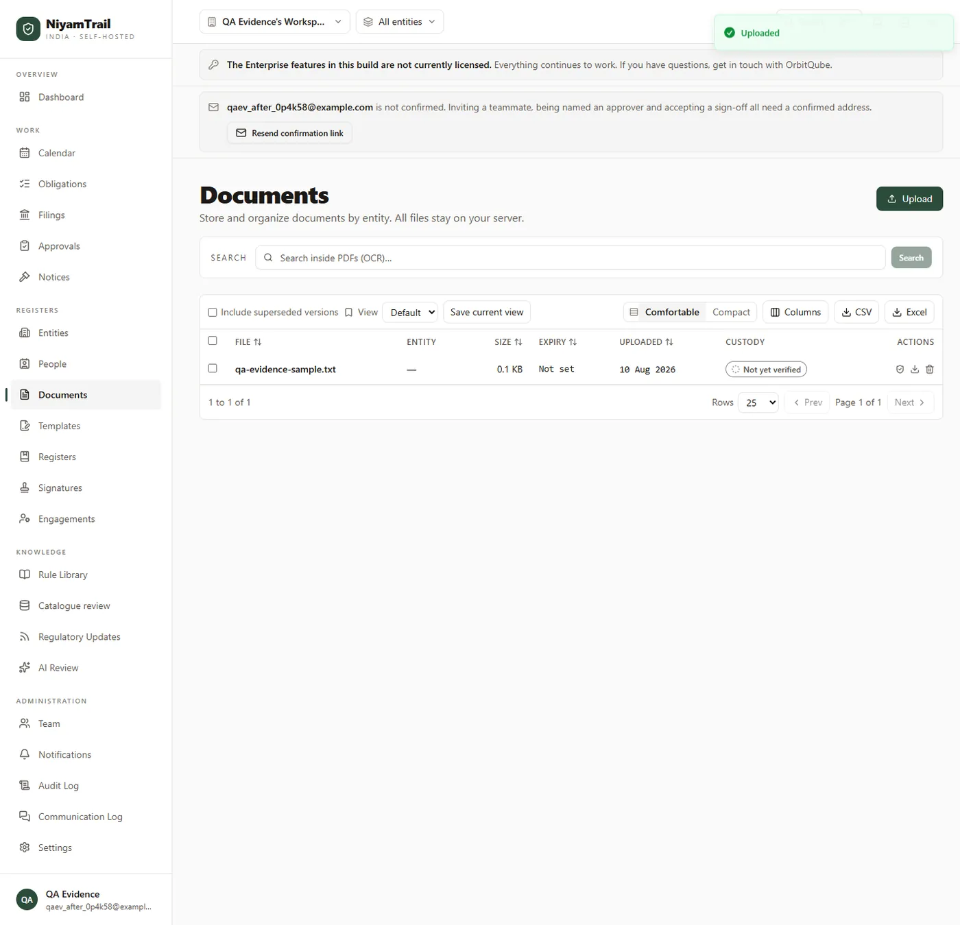 The Documents screen with an uploaded file and a Custody column showing that its content has not yet been verified.