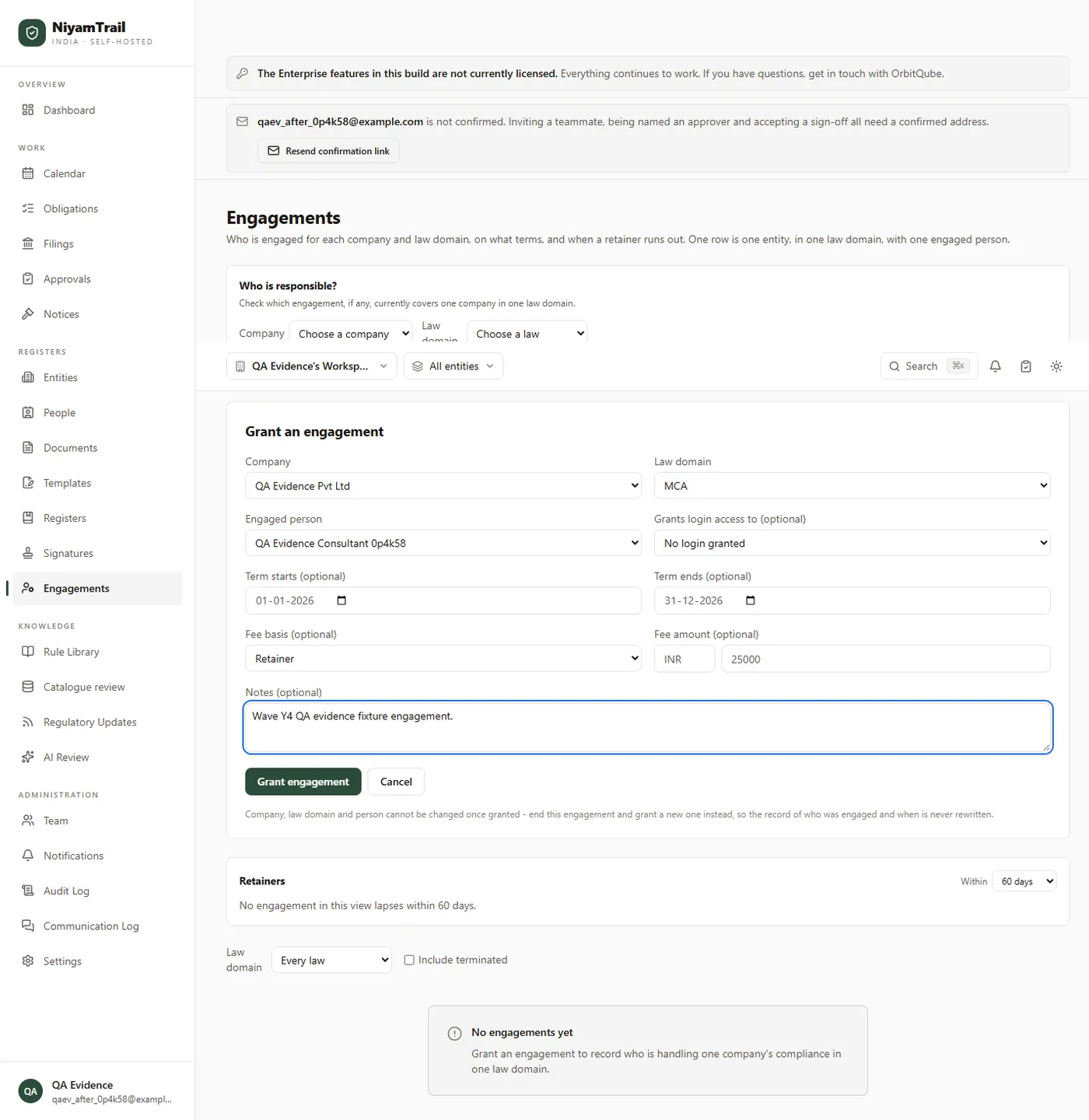 A Grant an engagement form filled in with a company, a law domain, an engaged consultant, term dates and a retainer fee.