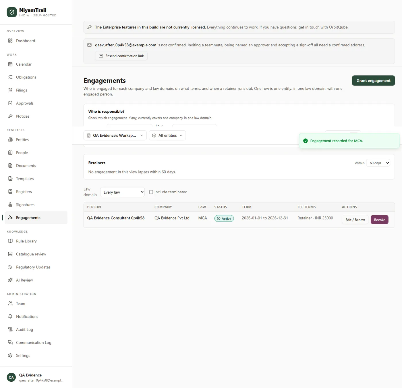 The Engagements register showing one active engagement with its company, law domain, term, fee terms, and Edit, Renew and Revoke actions.
