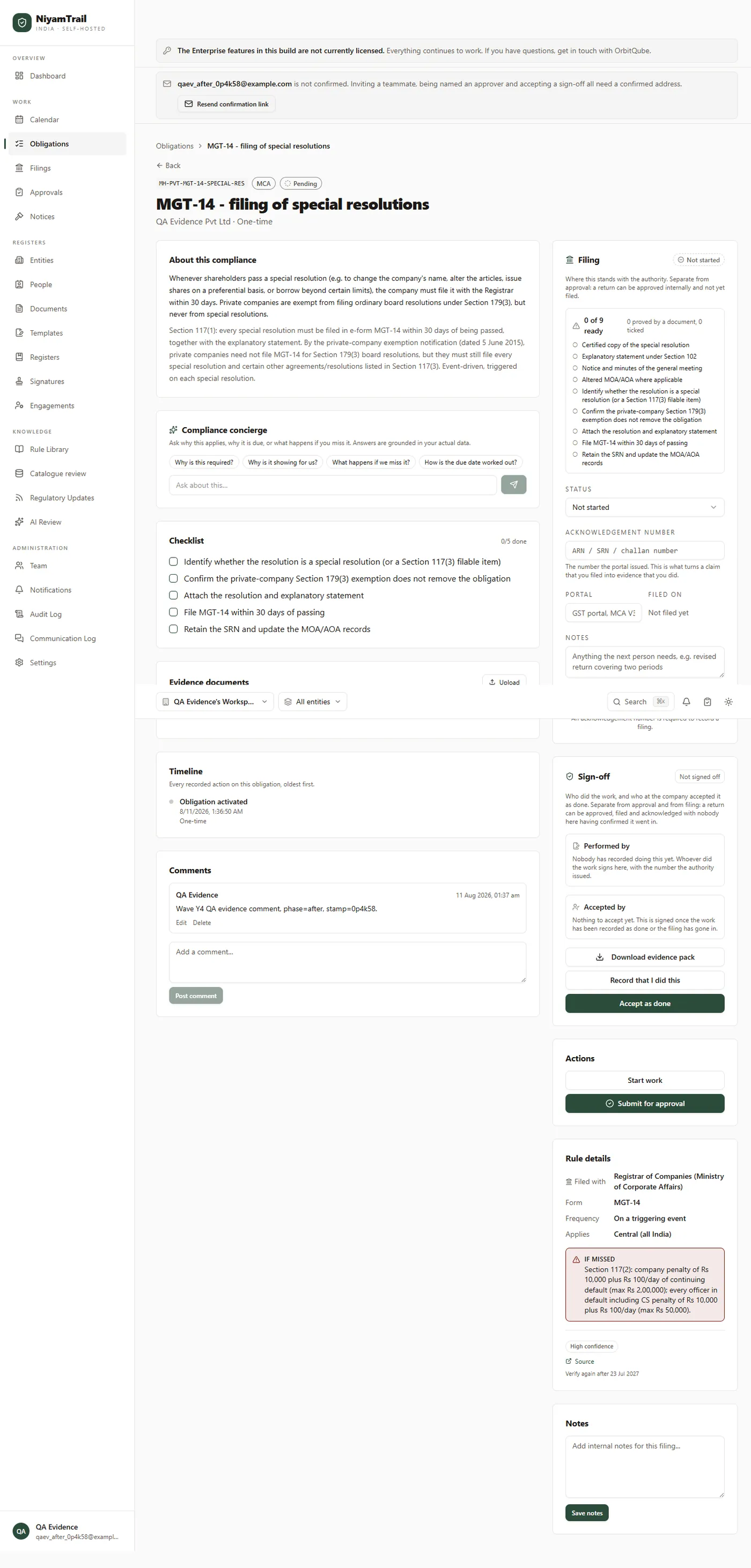An obligation detail page for an MGT-14 filing showing a compliance concierge panel, a checklist, and a posted comment beneath it.