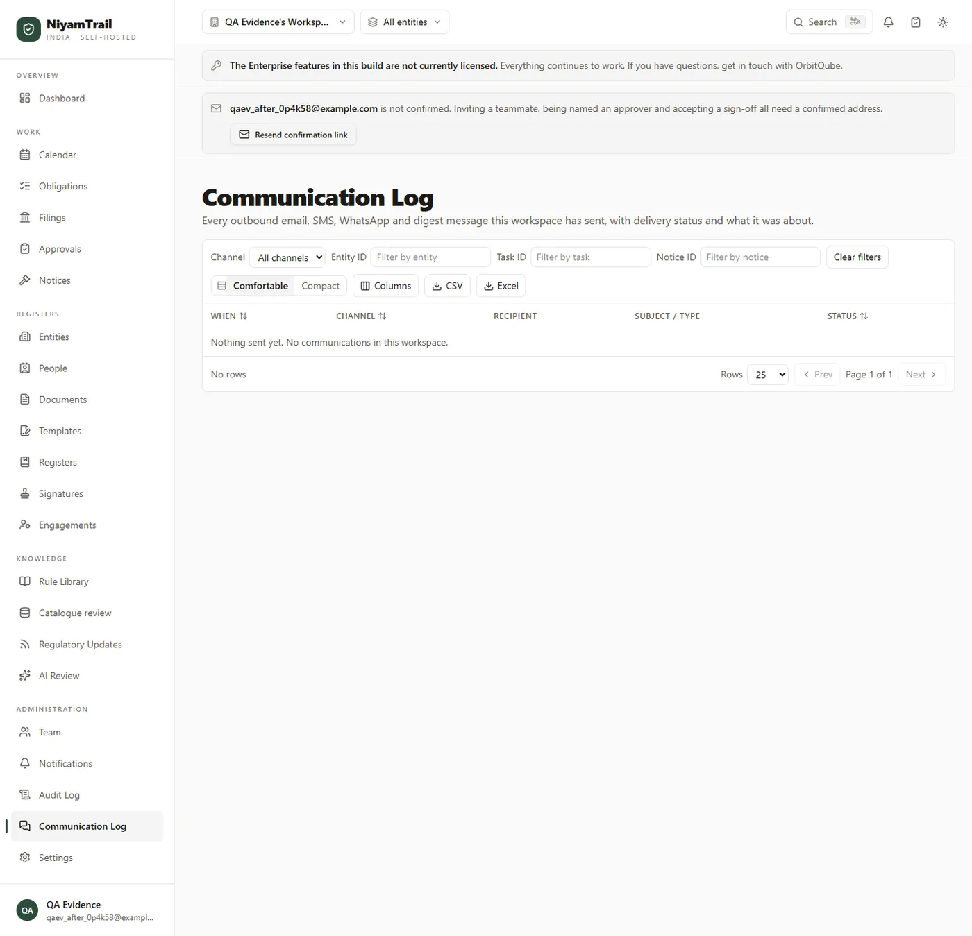 The Communication Log screen with filters for channel, entity, task and notice, listing every outbound message a workspace has sent.