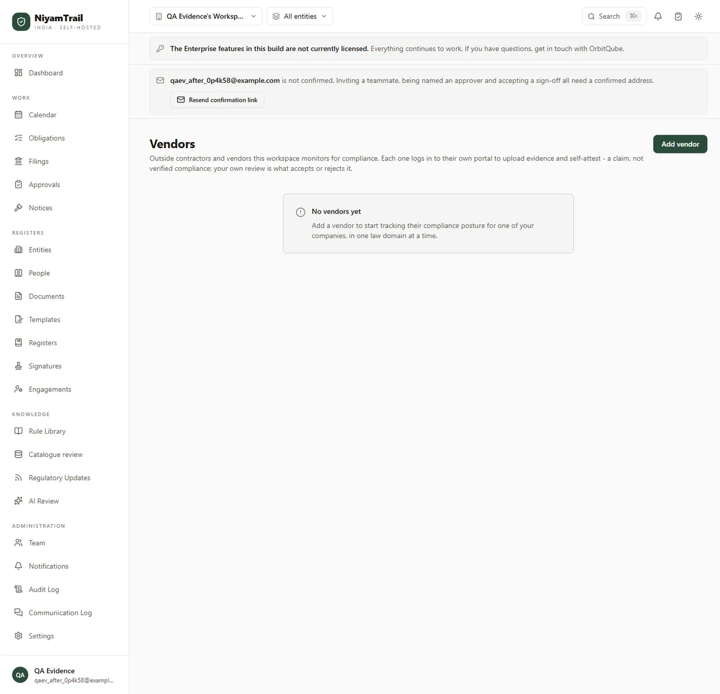 The Vendors screen explaining that outside contractors log into their own portal to upload evidence and self-attest, which is a claim and not verified compliance.