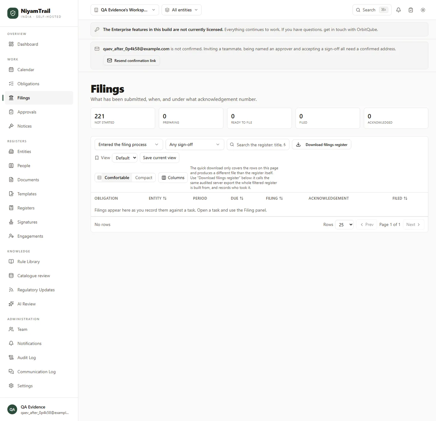 The Filings screen showing filing counts by stage and a register table for what has been submitted and under what acknowledgement number.