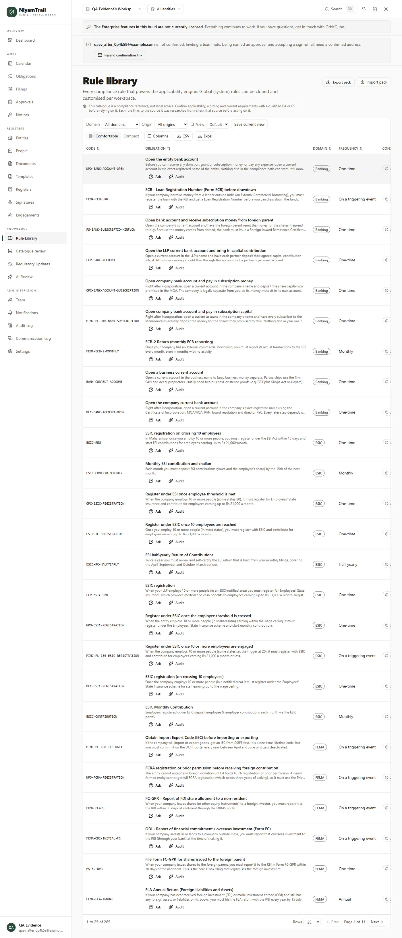 The Rule library screen listing rule codes, obligations, domains and filing frequency, with Ask and Audit actions on every row.